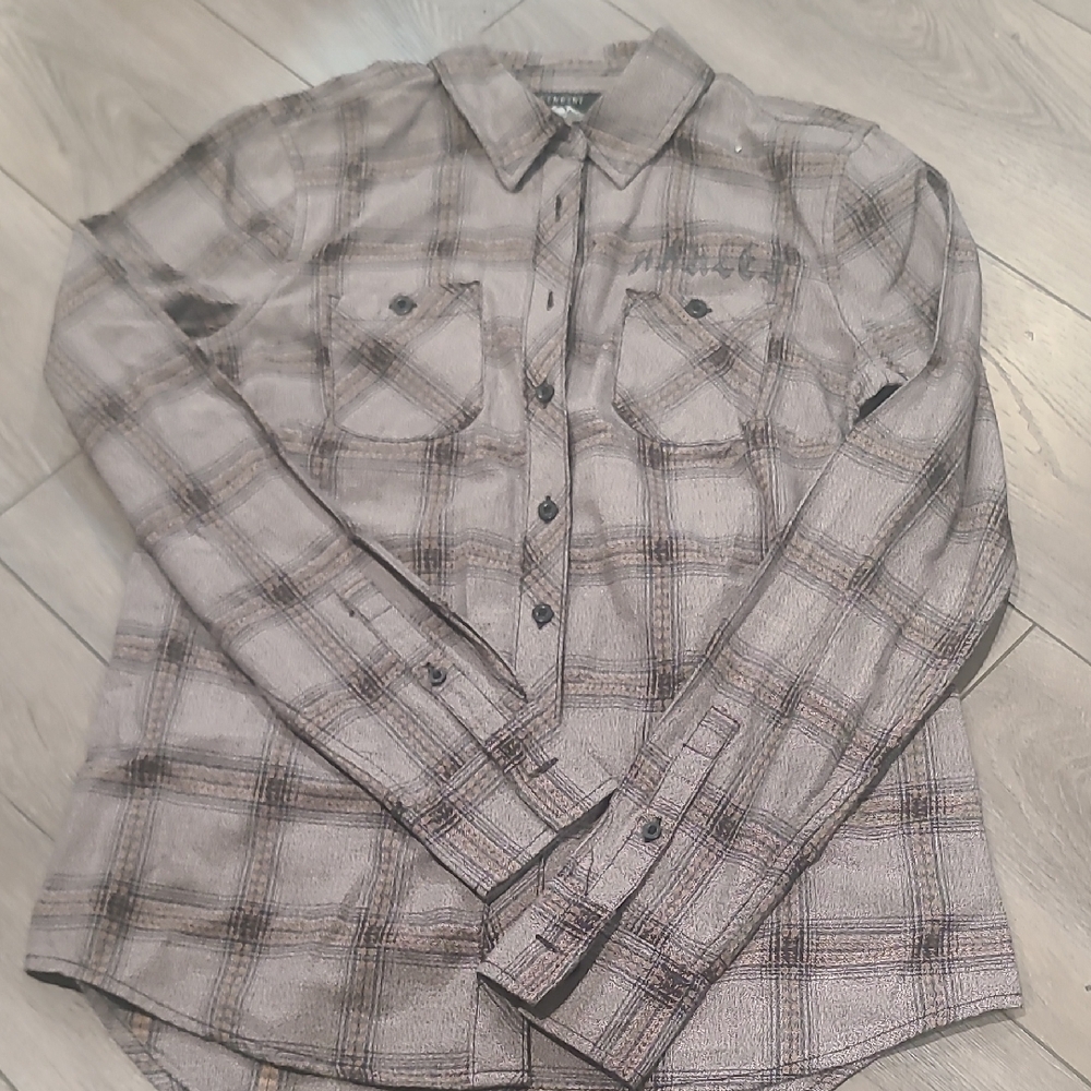 Ladies Plaid Button-Up Shirt - Gray/Brown